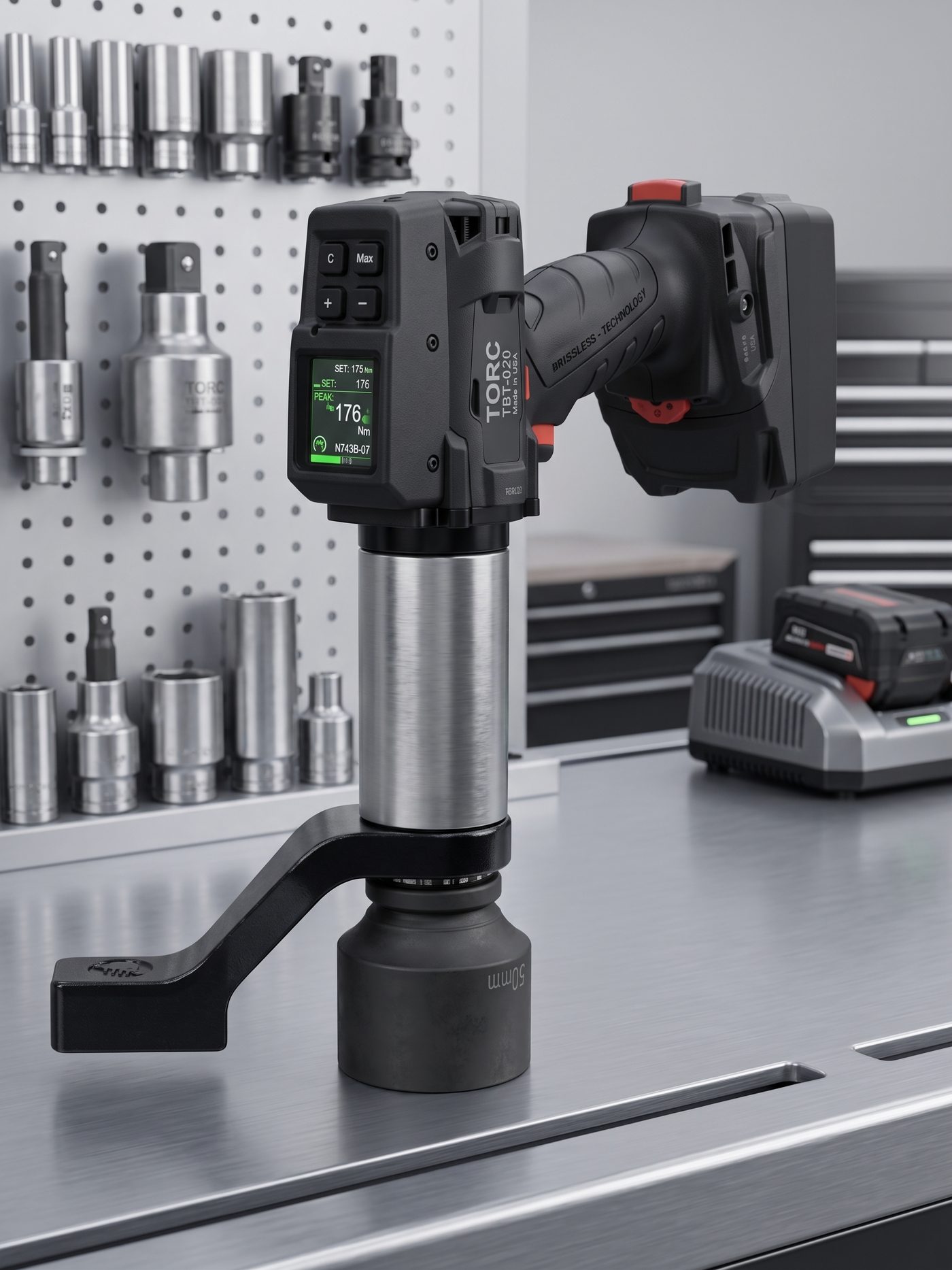 TORC TBT-007 cordless digital torque wrench, Made in USA, on a workbench with sockets and tool attachments